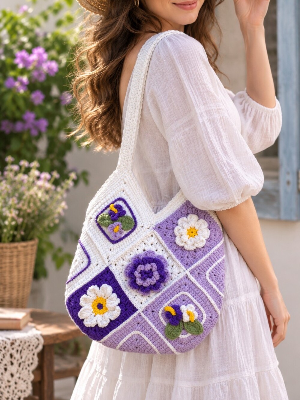 Handmade White & Lavender Crochet Flower Shoulder Bag - Picture 1 of 6